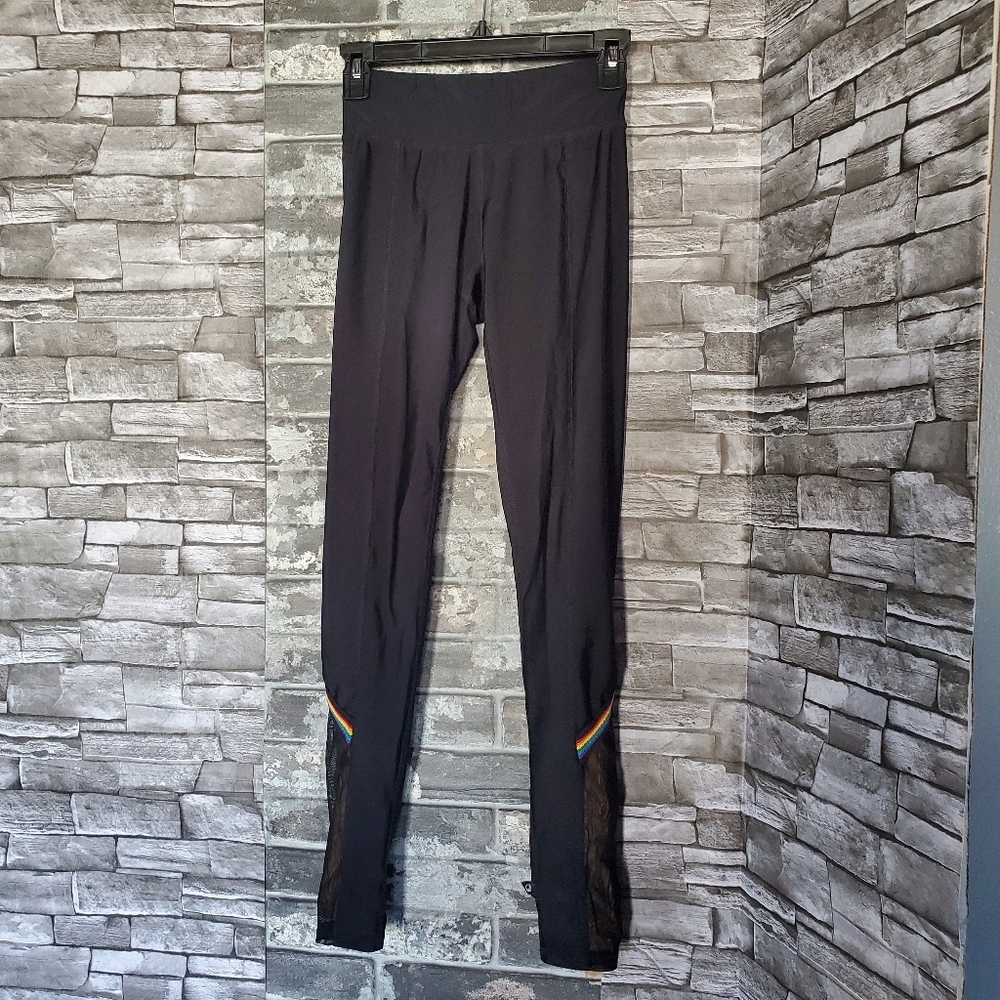Terez Rainbow Detail Leggings Black Full Length Sz‎ XS Mid-rise Mesh Made In USA